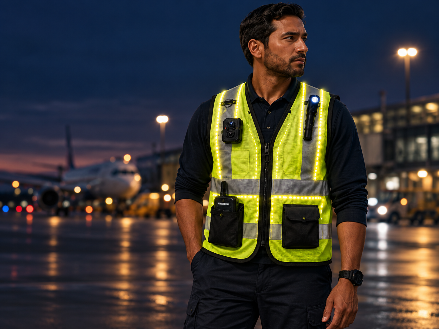 Concept image of an airport worker wearing a high-visibility smart vest with LED lights, camera, and flashlight